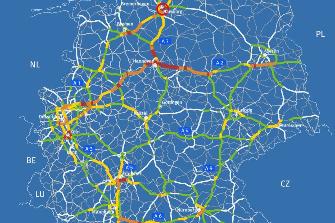 
Карта сети автомобильных дорог Германии, подлежащих обложению дорожным сбором, цвет участков дорог показывает количество взиманий дорожного сбора в час на 23 июня 2023 года